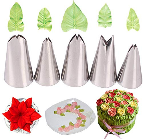 5pcs Russian Icing Piping Nozzles Leaf Writing Tips Set Stainless Steel Cake Decorating Kit DIY Decoration Tool for Baking Cakes Cookies Sugarcraft