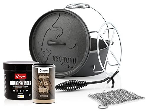 BBQ-Toro Dutch Oven Set 6 pièces | Four néerlandais, Nettoyeur de bague, Dessous de verre, lève-couvercle, ragoût de cuisson miraculeuse et pâte de soin, préparation d'épices Dutch Oven Master