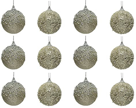 Decoris Weihnachtskugeln Kunststoff 8cm x 12 Stück bruchsicher mit Kristallen Glitzer Christbaumkugeln Perle