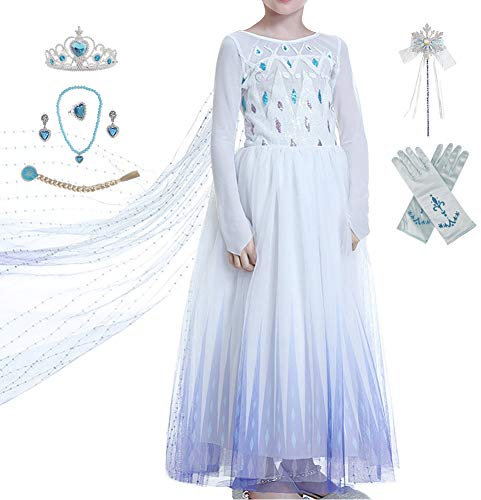 Timesun ELSA Mädchen Prinzessin Elsa Kleid Kostüm Karneval Cosplay Eisprinzessin Set aus Diadem, Handschuhe, Zauberstab, Perücke,Halskette,Ohrringe,Ringe,Handbag (Weiß, 140)