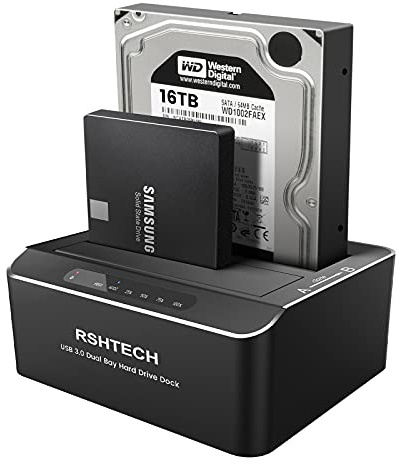 Hard Drive Docking Station, RSHTECH Aluminum Dual Bay SATA Hard Drive Dock for 2.5/3.5 Inch SATA I/II/III HDD SSD Support 2x 16TB Hard Drives, Offline Clone and UASP, Tool-free (RSH-DS01)