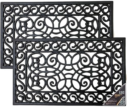 LSC Rubber Door Mat Outdoor Heavy Duty Large Door Mat Non Slip Dirt Scraper Outdoor Mats for Front Door Black Welcome Decorative Wrought Iron Effect Drainage Doormats Outside (Pack of 2, 45 X 75 cm)