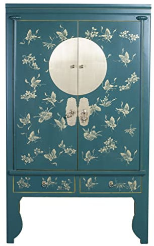 Fine Asianliving Armario de Boda Chino Pintado a Mano Mariposas Teal - Colección Orientique An.100xP55xAl.175cm Armario Chino Mueble de TV Chino Armario de Boda Aparador Cómodas Chinas orientales