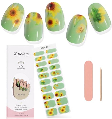 Kalolary Gel Vernis À Ongles Autocollants, 20PCS Nail Stickers Bandes de Vernis à Ongles en Gel Wraps Nail Art Stickers avec Lime à Ongles et Bâton (Lampe UV/LED requise) (Vert Tournesol)