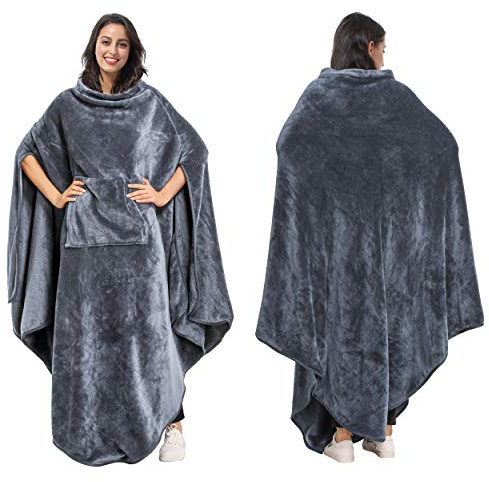 Catalonia Classy Tragbare Poncho Decke KuschelDecke Zum Anziehen Flauschig Warmer Lang Tragbare Fleece decke mit Fronttasche Winter Geschenke für Erwachsene Frauen Männer