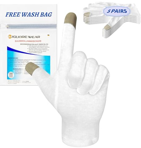Migliore Wear 5 Pairs White Cotton Gloves for Eczema, Hand Moisturising Gloves for Dry Hands, Jewelry Inspection with 1 Free Wash Bag