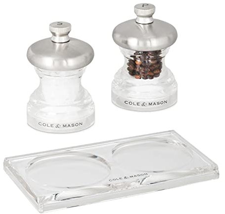 Cole & Mason Salz- und Pfeffermühlen Set 6,5 cm - 3-tlg. Mini Mühlen aus Edelstahl & Acryl mit Tablett - kleines Gewürzmühlen Duo für Tisch, Küche & Servieren