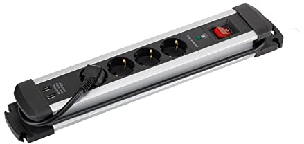 SIMON - Enchufe Múltiple Extrapower, Regleta de Enchufe Plano, Ladrón Enchufes con Interruptor, 4 Tomas 16 A 250V + 2 USB A, Protección de Sobretensiones y Cable 2M, Color Aluminio