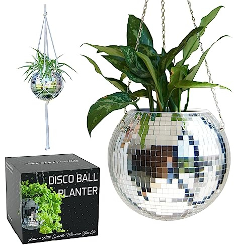 SCANDINORDICA Disco Ball Planter – Value Package: Mirror Disco Planter with Chain, Macrame Hanger and Acrylic Stand for Desk, Includes Self Watering Insert, Eclectic Home Decor | 10 inch Silver
