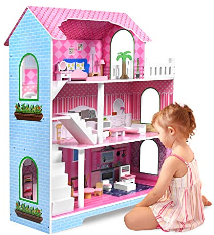 NAIZY Kinder Puppenhaus Holz Haus 100x70x30cm Puppenstube Set Rosa 3 Etagen Playmobil Dollhouse mit Möbeln & Zubehör Puppenvilla DIY Wohnmobil Haus Traumvilla, für Mädchen und Jungen (Typ B)