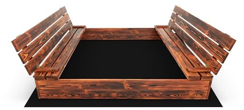 SunWood Sandkasten 160x160 cm Imprägniert Premium Sandbox mit Abdeckung Sitzbänken Deckel Plane Sandkiste Holz Kiefer Sandkastenvlies XL XXL (Imprägniert)