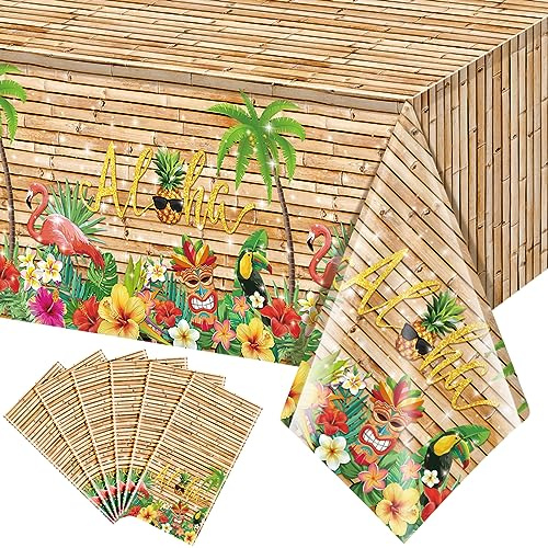 6Pcs Hawaiian Luau Tablecloth Tiki Party Tablecloths Tropical Table Cloth Plastic Disposable Rectangle Tabel Covers for Tiki Bar Tropical Summer Beach Pool Birthday Party Decorations ,108x 54 Inch