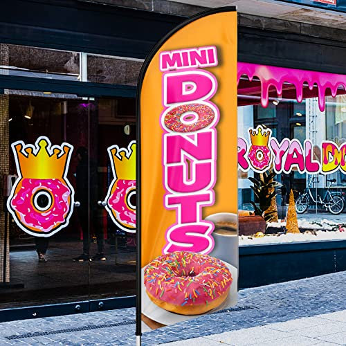 QSUM Mini Donuts - Bandera de Swooper naranja, bandera publicitaria naranja de 11 pies con kit de poste, estaca de tierra, mini donas naranjas, bandera de plumas para empresas y escaparates
