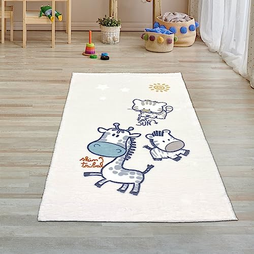 Teppich-Traum Kinderteppich Hochflor Giraffe Zebra Tiger Creme 80x150 cm | Kinderzimmer Teppich flauschig, pflegeleicht, robust, strapazierfähig, schadstofffrei, OEKO-TEX geprüft, 18 mm Flor