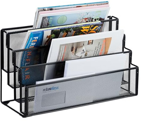 Relaxdays Zeitschriftenhalter Metall, 4 Fächer, Dokumentenablage Büro, HBT: 26x45x18 cm, Magazinhalter, Briefe, schwarz