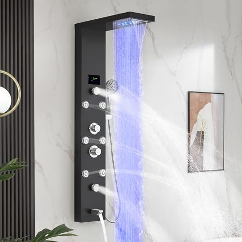 DELAVIN LED Shower Panel Stainless Steel Shower Tower with Temperature Display, 5-Function Shower Panel Tower System with Rainfall Waterfall Massage Body Jets Tub Spout Handheld Shower, Brushed Black