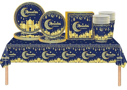 69 Pièces Vaisselle pour Aïd el-Fitr,Or Bleu Lune Étoile Vaisselle de Fête Assiettes Carton Tasses Serviettesr en Papier et Nappe Plastique Recyclable,Decoration Fête de Aïd Ramadan Mubarak
