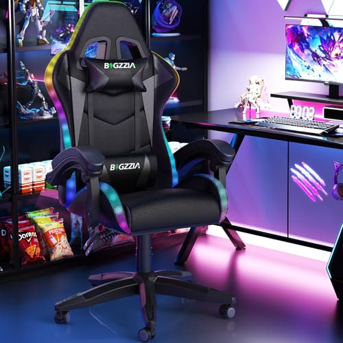 bigzzia RGB Gaming Chair with LED Lights and Ergonomic Computer Chair Reclining PU Leather High Back Video Game Chair (Black, With RGB Lights)