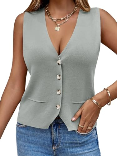 Saodimallsu Jersey sin Mangas para Mujer, Chaleco de Punto en V, Botón de Moda, Informal, Suelto, Cárdigan de Verano, Gris Claro, L