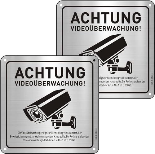 2 Stücke Schild Videoüberwachung Privatgrundstück mit DSGVO Hinweis,Warnschild Gebürstetes Aluminium Klassisch Schild Kameraüberwachung Warnschild für Innen- und Außenbereich 15x15cm
