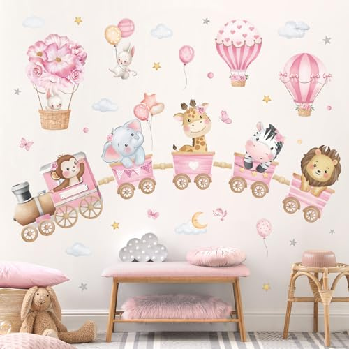 decalmile Rosa djur tåg väggdekaler elefant lejon varmluftsballong väggklistermärken flickor sovrum baby barnkammare lekrum väggdekor