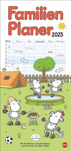 sheepworld - Familienplaner 2025 - Heye-Verlag - Familienkalender mit 5 Spalten mit Schulferien - 21 cm x 45 cm