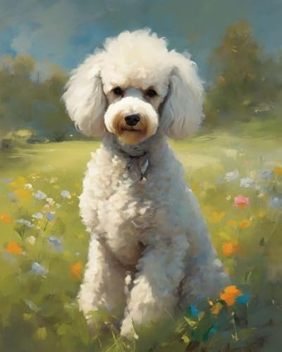 ZMHZMY Malen nach Zahlen Pudel,Graswiese Painting by Numbers Kit DIY ölgemälde Kit für Erwachsene,Anfänger Painting Set 16x20 Zoll Leinwanddruck Wandkunst Dekoration
