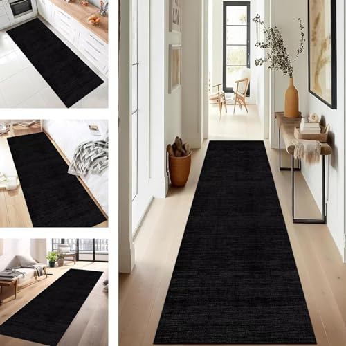 SUCERU Läufer Teppich Lang Flur Küche rutschfest Waschbar Korridor Teppichmatten Schwarz 50X300CM Küchenteppich Küchenläufer Modern Teppichläufer Flur Schlafzimmer Wohnzimmer Meterware Eingang