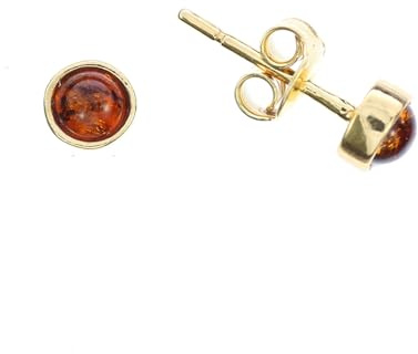 Bernstein Ohrringe von Artisana-Schmuck, runde kleine Ohrstecker mit Bernstein, Fassung 925/000 Sterling Silber vergoldet