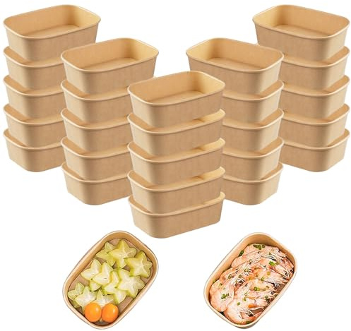 25 Stücke Kraftpapier Schale, Take Away Kraftpapier Box, Essen Verpackung Einweg, Mehrweg Schüsseln, Pappschüsseln， Wasserdicht, Ölbeständig, Zum Mitnehmen, Arbeitsessen, Reisen, 500ml （Ohne Deckel)