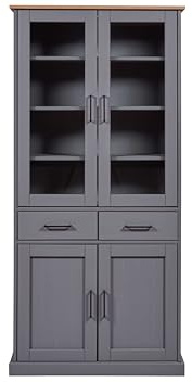 Inter Link – Vitrinenschrank – Buffet-Schrank - Geschirrschrank - Esszimmerschrank - Massivholz FSC – 4 Türen – 2 Schubladen – 3 Fachböden - Forenzo 4T2S – grau/Oak Colori