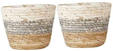MERRYHAPY Geflochtener Blumenkorb Aus Stroh 2 Stück Zarter Blumentopf Flechtkorb Für Balkongarten Natürliches Seegras Beigefarbenes Design