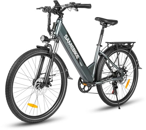 SAMEBIKE 26 Zoll E-Bike Herren Damen mit 250W Motor, 36V 540Wh Akku, Elektrofahrräder E-Fahrrad mit 7-Gang-Getriebe, LCD-Display, Pedelec Citybike EBike, Grün (Urban, Grau)