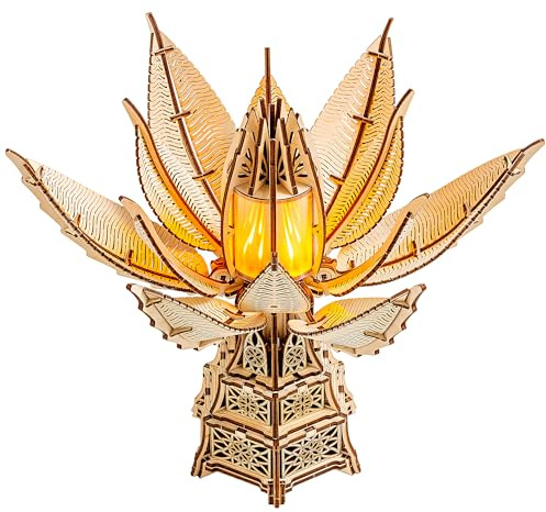 Wood Trick Fiery Bloom - Rompecabezas luminoso LED 3D de madera para adultos y niños para construir - Movimiento mecánico interactivo - Proyecto de ingeniería de bricolaje mecánico 3D kit de modelo de