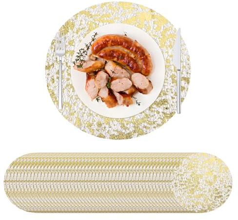 Mtsooning 50 Stück Einweg-Tischsets, 33 cm Durchmesser, rund, gepresste Tischdeckchen für Hochzeit, Geburtstag, Party, Weihnachten, Serviettentisch (schwarz-Gold)