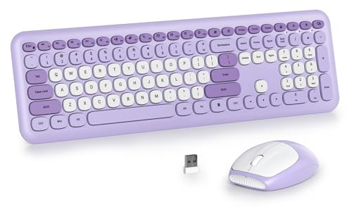 Solidlee Ensemble clavier et souris sans fil coloré, design rétro de machine à écrire, clavier pleine taille 2,4 GHz avec pavé numérique, touches à membrane silencieuses (QWERTY Pro violet)