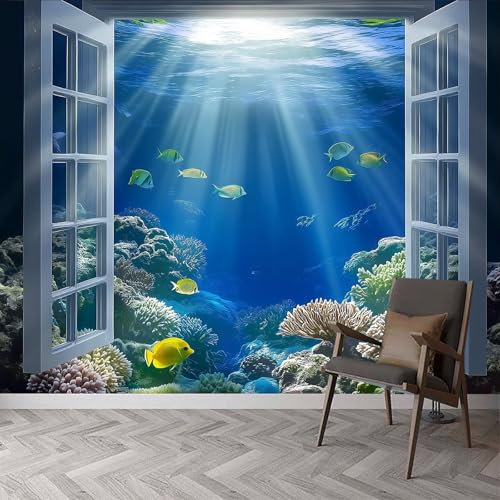 Wall Mural Underwater Scene Fish Corals Print Photo Wallpaper, Underwater Scene Non-Woven Wall Mural - Modern Design Decoration Picture Poster 400W x 280H cm Wallpaper for Living Room Kids Bedroom