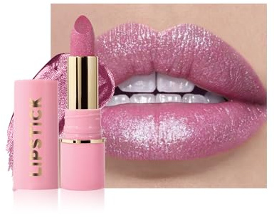 Rouge a Levre Pailleté Métallique, Rouge à Lèvres Rose Clair Brillant Longue Tenue, Lustrée Diamant Baume a Levre Hydratant Waterproof, Très Pigmenté & sans Transfert, Vegan Maquillage des Lèvres-02