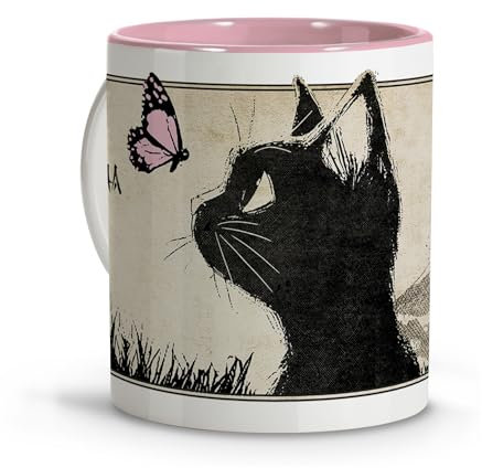 Regali di coppia. Tazza personalizzata con nome. Tazze colazione. Tazza gatto in stile anime Jiji Cat. Tazzine caffe particolari. Idee regalo donna e uomo. Tazza in ceramica 330 ml. Tazza rosa