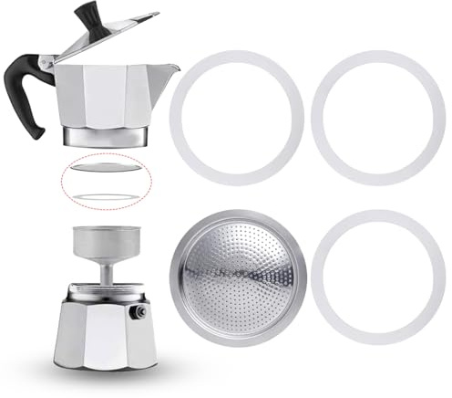 4 Stück Espressokocher Dichtungsring 3 Tassen, Silikon Ersatzdichtung mit Aluminium-Siebeinsatz, Dichtungsringe für Kaffeekannen (3 x Silikon Dichtungsring + 1 x Stahlfilter)