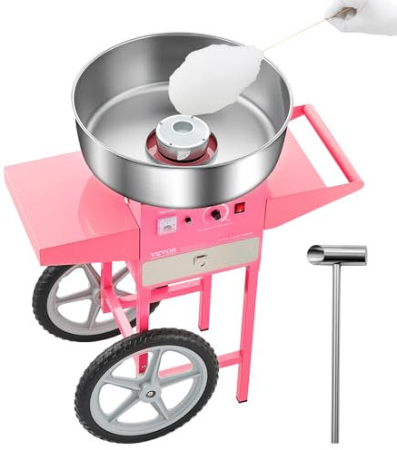 VEVOR Máquina Eléctrica de Algodón de Azúcar con Carro, 1000 W, con Recipiente de Acero Inoxidable de 52 cm, con Cuchara, para Hogar, Cumpleaños, Fiestas Familiares, Rosa, 819 x 520 x 855 mm