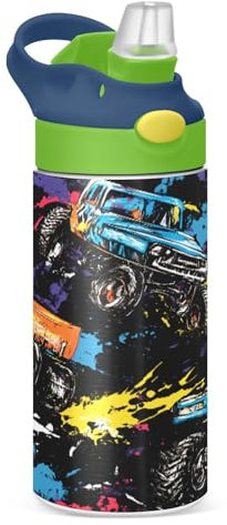 JUMBEAR Bouteille d'eau isotherme de 350 ml avec couvercle à paille en acier inoxydable pour garçons et filles Motif camion graffiti