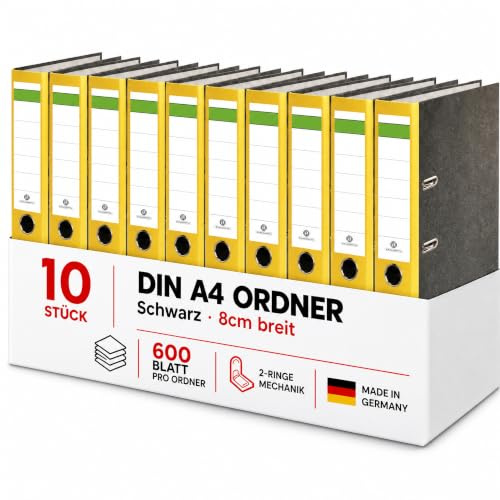 Conipa Ordner A4 Breit 8 cm, 10 Stück, Gelb, für bis zu 600 Blatt | Robuste Aktenordner mit 2-Ring-Hebelmechanik, Griffloch und Recyclingkarton – für Büro, Schule & Homeoffice, Made in Germany