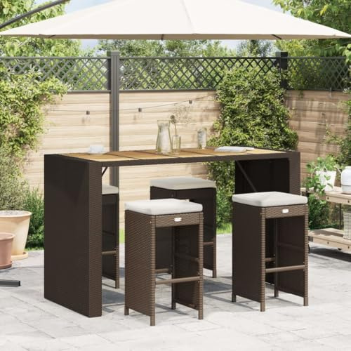 QJBSAVVA Garten Barhocker Set mit Kissen 4 Stück Braun PE Rattan Outdoor Barstühle mit Pulverbeschichtetem Stahlrahmen Bequem und Wetterfest für Balkon Terrasse Garten