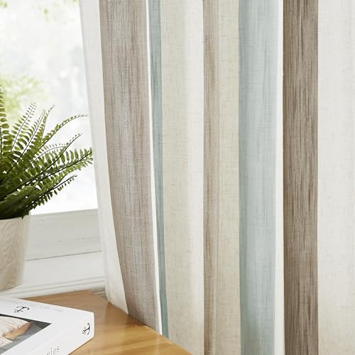 Jubilantex Linen Textured Stripe Curtains Brown and Aqua Farmhouse Striped Curtains Light Filtering Window Drapes for Bedroom Living Room,Rod Pocket Back Tab 40X632 Panels