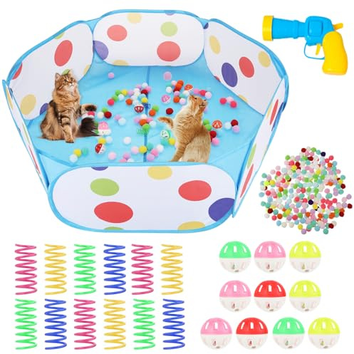 YEXEXINM Cat Ball Pit, Cats Play Tent with 200 Cat Toy Balls 10 Bell Balls 12 Spring Toys and 1 Ball Toy Shooter Interactive Cats Toys for Playing, Teeth Grinding, Chewing, Training, Blue