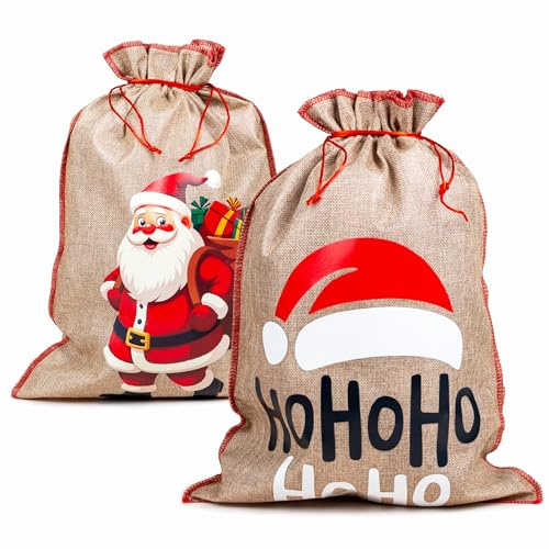 HEKU 2 große Jute Weihnachtsgeschenksäcke mit Zugkordel für Nikolaus, 35x50cm I 2 Motive I Wiederverwendbare Nikolaussäcke I Ideal für Weihnachtsgeschenke & Advent