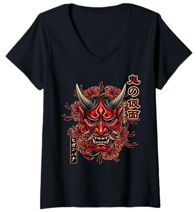 Donna Maschera di Oni Ragno Giglio Giapponese Demone Anime Soft Grunge Maglietta con Collo a V