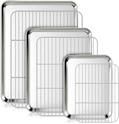 Fire More Baking Trays with Wire Rack, Set of 3 Stainless Steel Cookie Sheet Pan Set, Non Stick Baking Sheet with Cooling Rack for Oven Cooking, 9/12/16 Inch