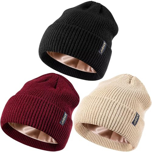 3 Pack Satin Lined Beanie for Women Men, Fashionable Silk Lined Winter Hats for Cold Weather, Warm Cable Knit Skull Cap Cuffed Beanies-03